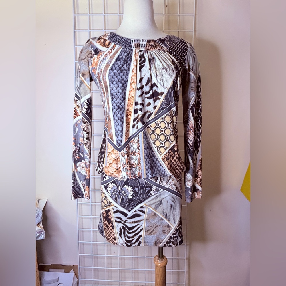 Designer Slinky Knit Patchwork-Print Long Sleeve Dress w/ Low lace back